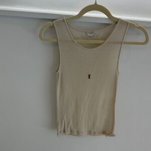 Saint Laurent Cream Ribbed Tank with Burgundy Logo